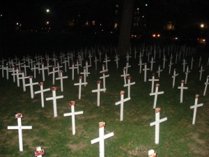 Crosses at Eastern Kentucky University feature an abortion photo on each cross Crosses at Eastern Kentucky University feature an abortion photo on each cross.